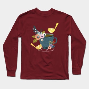 Twin Finches Tweeting At Tea Time Long Sleeve T-Shirt